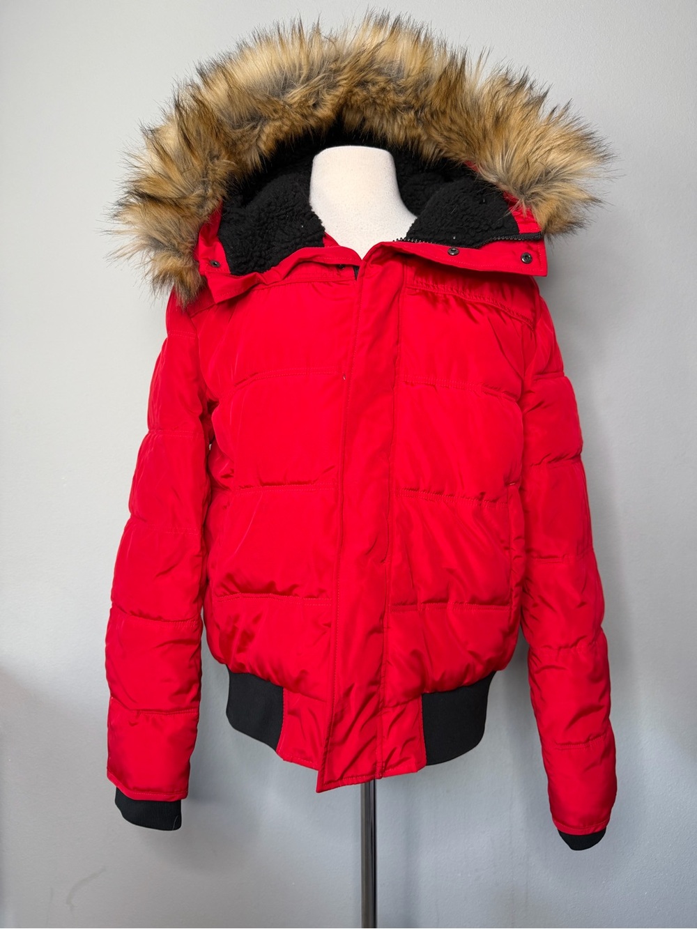 Express Red Puffer Jacket with Faux-Fur Trim Hood